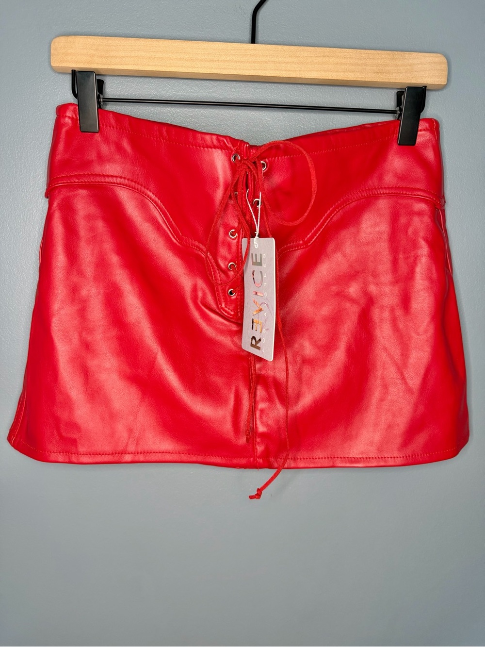 REVICE Faux Leather Lace-Up Mini Skirt Moto Club Edgy Grunge Rave Punk | Size L